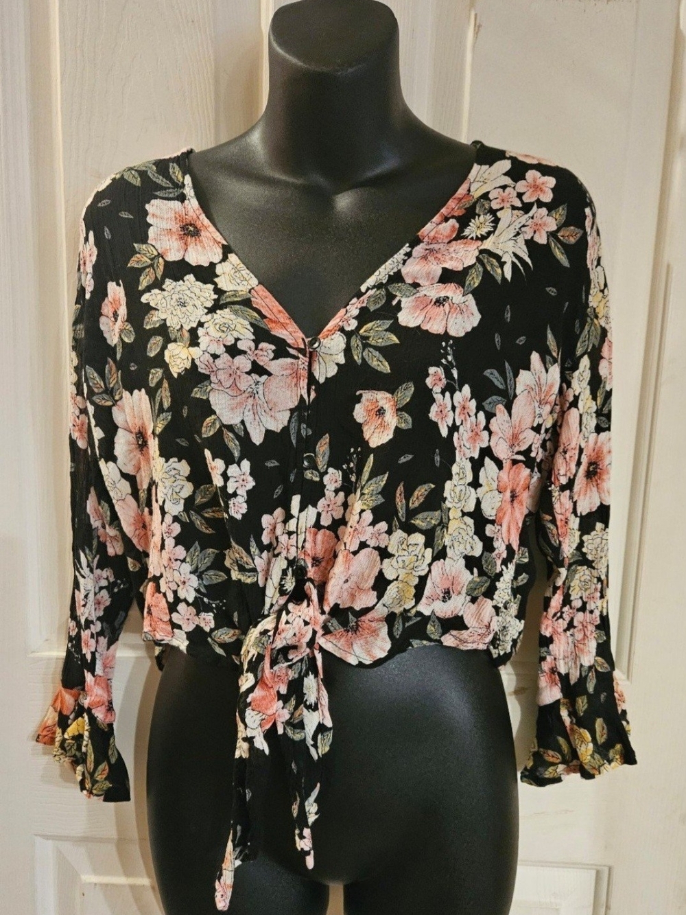 Billabong Black Floral Tie-Front Blouse